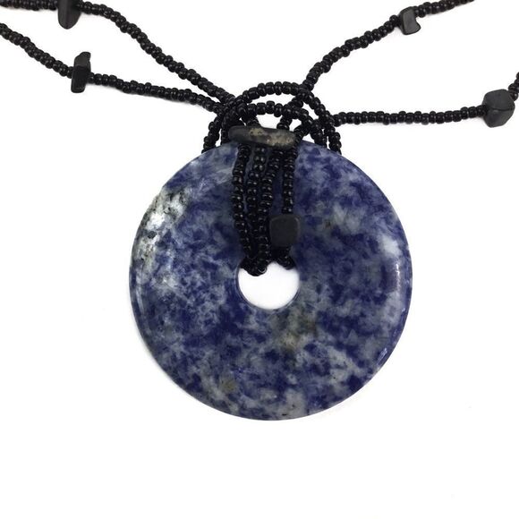 Necklace Blue White Tan Stone Donut Pendant NWOT - Picture 3 of 3